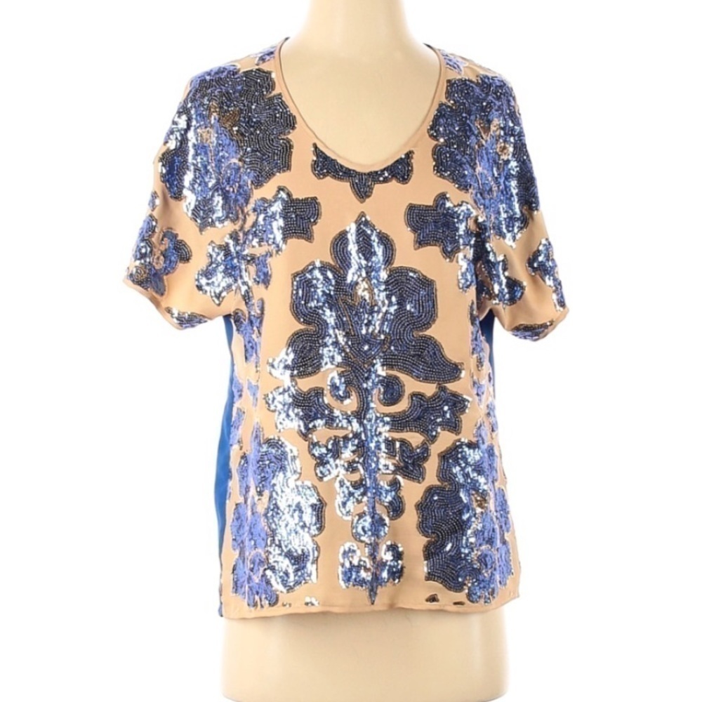 NWT Tracy Reese Blue Cream Sequin Short Sleeve Top